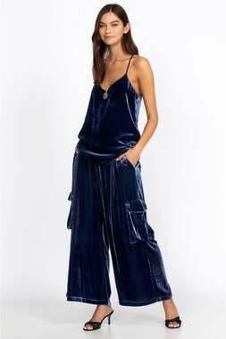 JOHNNY WAS Thalia Size XL Blue Velvet Silk Blend Cargo Pants Designer Luxurious